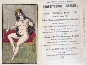 Frontispice en titelpagina van Prostitution Exposed door A. Butt Ender, gepubliceerd New York 1839 door American School
