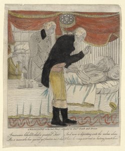 G. Washington in zijn laatste ziekte, bijgewoond door Drs Craik en Brown, uitgegeven ca.1800 door American School