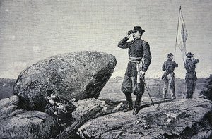 Generaal G.K. Warren bij het seinstation op Little Round Top, Slag bij Gettysburg door American School