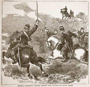 Generaal Sheridan verandert nederlaag in overwinning bij Cedar Creek, uit een boek gepubliceerd in 1896 door American School