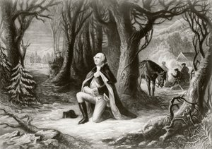George Washington bidt in het kampement van Valley Forge tijdens de Amerikaanse Onafhankelijkheidsoorlog in de winter van 1777-78, naar een schilderij van Henry Brueckner door American School