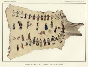 Ghost dance schilderij op buckskin door American School
