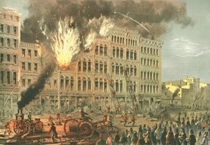 Grote brand op Lake Street, uit Chicago Illustrated, met literaire beschrijvingen door James W. Sheahan, uitgegeven door Jevne & Almini, Chicago, 1866-67 door American School