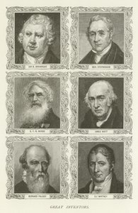 Grote Uitvinders, Sir R Arkwright, George Stephenson, S F B Morse, James Watt, Bernard Palissy, Eli Whitney door American School