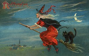 Halloween Heks en Zwarte Kat Rijdend op een Bezem 