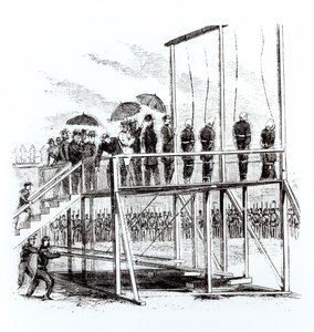 Ophanging van de samenzweerders van de moord op Lincoln, 7 juli 1865 door American School
