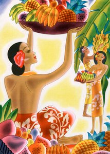 Hawaïaanse vrouwen oogsten fruit door American School
