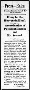Kop die de moord op Abraham Lincoln (1809-65) en de poging tot moord op William Seward (1801-72) aankondigt uit Press Extra, 15 april 1865