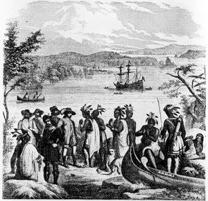 Henry Hudson daalt de Hudson River af, illustratie uit Ballou
