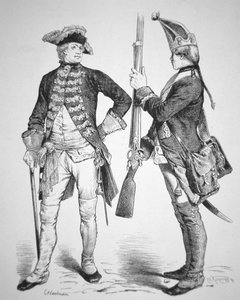 Hessische soldaten van 1770, in hun uniformen uit de Amerikaanse Onafhankelijkheidsoorlog (gravure) door American School