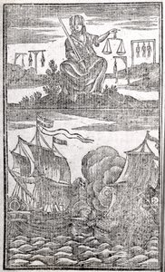 Geschiedenis en levens van alle beruchtste piraten en hun bemanningen, frontispice, Londen, 1725 door American School