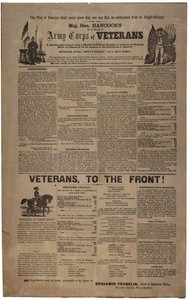 Geïllustreerde Philadelphia wervingsposter voor het Eerste Legerkorps van Veteranen van Generaal Hancock inclusief Unie man en vrouw, februari 1865 door American School