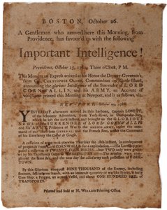 Belangrijke informatie! (aankondiging van de overgave van Cornwallis in Yorktown), kleine affiche gedrukt door M. Willis, Boston, 26 oktober 1781 door American School