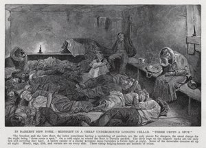In het donkerste New York, middernacht in een goedkope ondergrondse slaapkelder, "drie cent per plek" (litho)