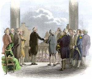 Investituur van George Washington (1732-1799) (kleurengravure)