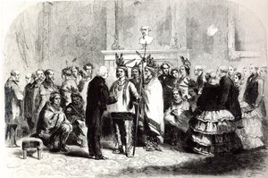 James Buchanan, president van de Verenigde Staten, die de vijandige stammen van de Pawnees en de Poncas overhaalt om handen te schudden, 1858 door American School