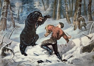 Jedediah Smith (1799-1831) aangevallen door een Grizzlybeer, ca. 1861 (kleur litho) door American School