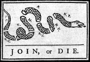 Join or Die, tekening, beschouwd als de eerste politieke cartoon, gepubliceerd in de 
