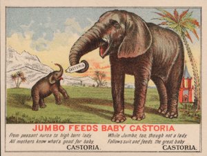 Jumbo voedt baby Castoria, advertentie voor Fletcher