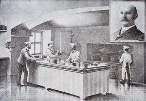 Keuken van het Witte Huis in de jaren 1890, met inzetportret van Hugo Ziemann door American School
