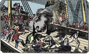 De dood van de piratenedelman Jean Lafitte (1780-1826), gravure uit The pirate own book 1837. door American School