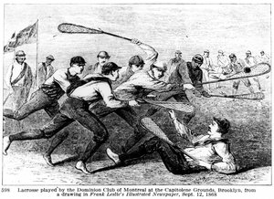 Lacrosse gespeeld door de Dominion Club van Montreal op de Capitoline Grounds, Brooklyn, uit een tekening in Frank Leslie
