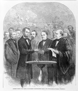 Lincoln legt de eed af bij zijn tweede inauguratie, 4 maart 1865, gepubliceerd 1865