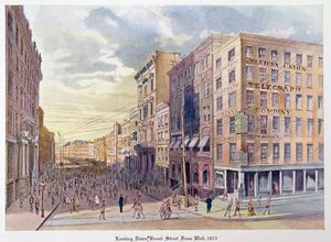 Uitzicht op Broad Street vanaf Wall in 1873, illustratie uit Old New York, gisteren en vandaag door Henry Collins Brown, 1922 door American School