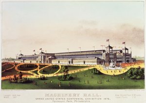 Machinery Hall, Grand United States Centennial Exhibition, Fairmount Park, gepubliceerd door Nathaniel Currier (1813-88) en James Merritt Ives (1824-95), 1876 door American School