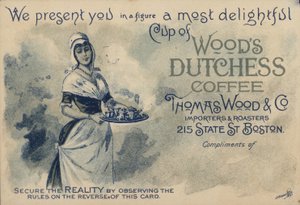 Dienstmeisje serveert koffie, reclame voor Woods Duchess Coffee, Boston