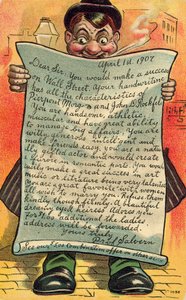 Man leest een vleiende brief over zijn carrièrevooruitzichten (kleurenlitho) door American School