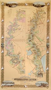 Kaart met plantages aan de Mississippi-rivier van Natchez tot New Orleans, 1858