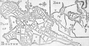 Kaart van Boston, gedrukt in Bickerstaffs Albany Almanack, 1776