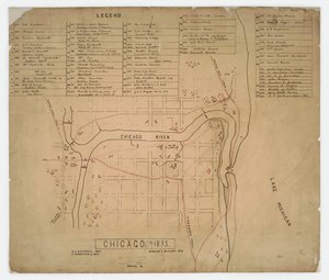 Kaart van historische huizen en locaties in Chicago, Illinois, ca. 1835 door American School