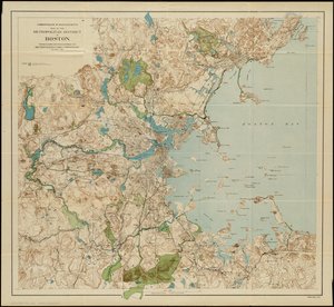 Kaart van het grootstedelijk district van Boston, Massachusetts: met lokale openbare reserveringen en bezittingen van de Metropolitan Park Commission, 1901