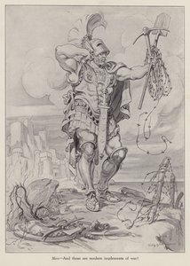 Mars, de Romeinse god van de oorlog met schoppen en prikkeldraad gebruikt in loopgravenoorlog (litho) door American School