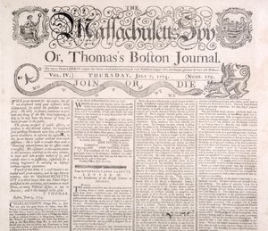 Koptekst van de Massachusetts Spy 7 juli 1774 door American School
