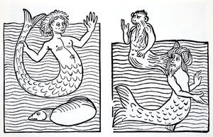 Zeemeerminnen en Zeemeermannen, uit The World Guide to Gnomes, Fairies, Elves and Other Little People door Thomas Keightley (1789-1872) gepubliceerd 1880 (ZW gravure)