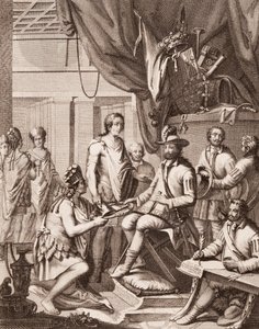 Montezuma draagt zijn rijk over aan de Koning van Spanje, geeft hem een eerbetoon en belooft zijn gehoorzaamheid, uit Antonio de Solis y Rivadeneira Solis Geschiedenis van de Verovering van Mexico, gegraveerd door Ximeno door American School