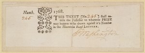 Mountain Road-loterijticket, ondertekend door George Washington (1732-99) 1768