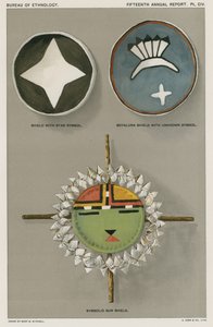 Inheemse Amerikaanse schilden - schild met stersymbool, Soyaluna schild met onbekend symbool, symbolisch zonneschild