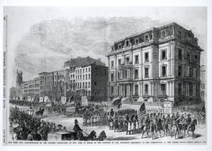 New York City: Demonstratie van de gekleurde inwoners van New York ter ere van de goedkeuring van het vijftiende amendement op de Grondwet van de Verenigde Staten, 8 april 1870, uit 