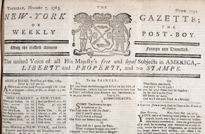 Koptekst van de New York Gazette die zijn verzet tegen de stempels verklaart, gedrukt 7 november 1765 door American School