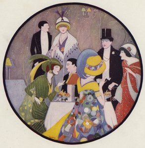 Sociale contacten na een toneelstuk, een scène uit het korte verhaal After The Play van J A Waldron (kleurenlitho) door American School
