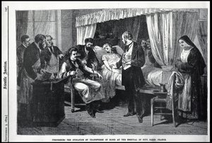 Uitvoering van de Bloedtransfusie in het Pitié-ziekenhuis, Parijs, Frankrijk, illustratie uit de American Scientist