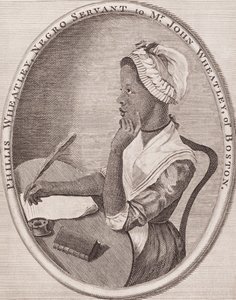 Philiis Wheatley (1753-1784). Afro-Amerikaanse dichteres. Gegraveerd frontispice van haar "Poems" (Gedichten), 1773. door American School