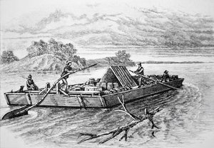Pioniersvlot op de Mississippi rivier, c. 1840 (gravure)