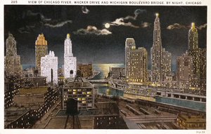 Ansichtkaart van Chicago bij nacht, c.1930 door American School