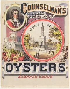 Poster die Counselmans Lord Baltimore Circle Brand Oysters en ingeblikte goederen adverteert
