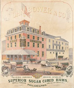 Poster die John Bower & Co. Superior Sugar Cured Hams adverteert